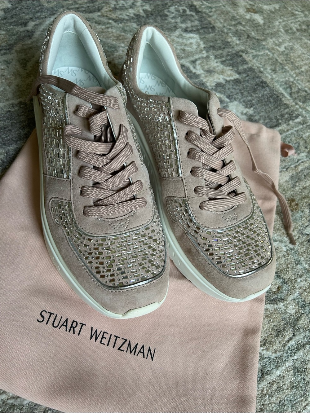 Stuart Weitzman Blush Pink Crystal-Embellished Lace-Up Sneakers